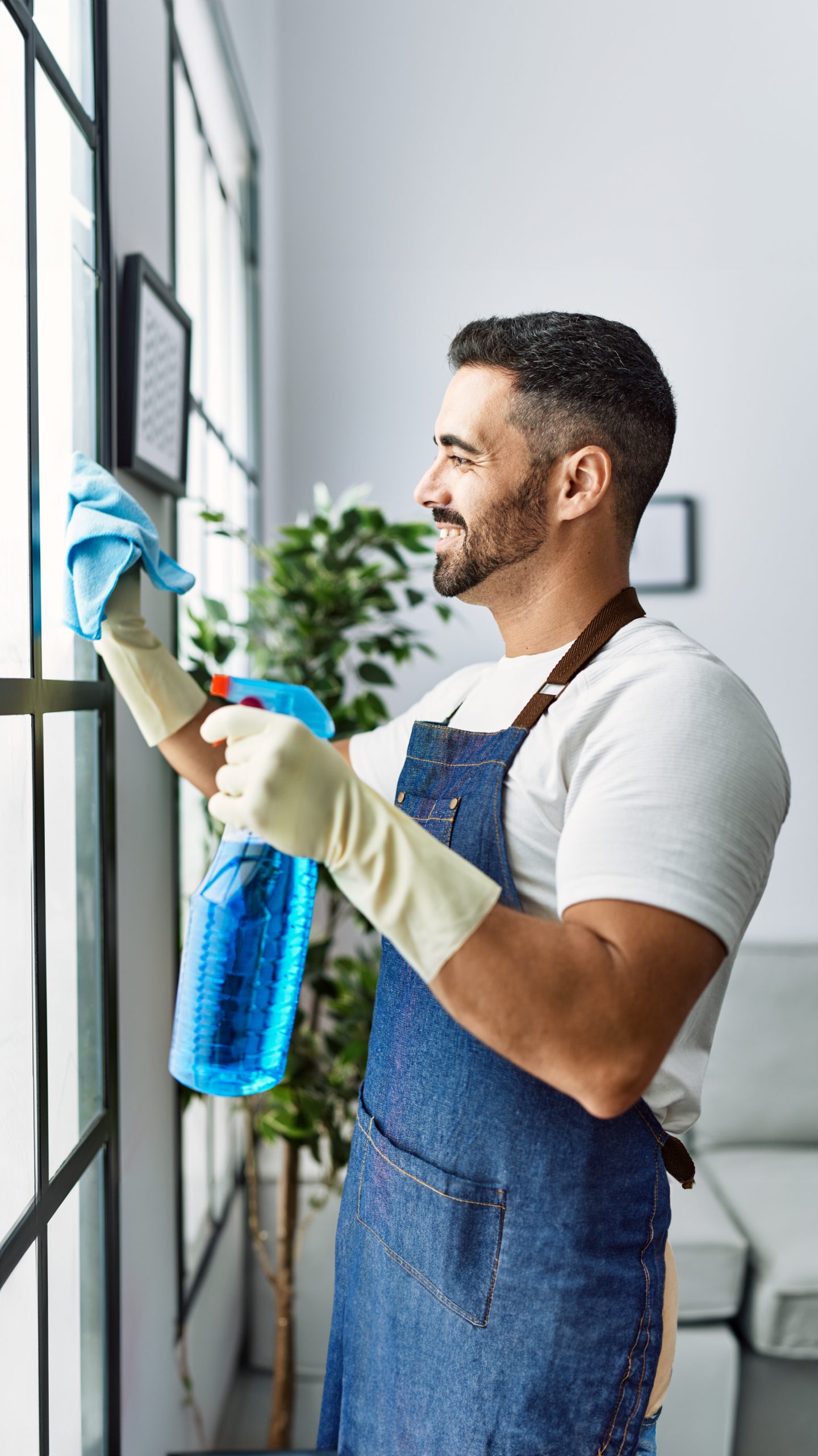 A man wearing a white t-shirt and denim jeans is cleaning a window with a blue cloth while holding a spray bottle. He is smiling and wearing yellow rubber gloves, with a plant visible in the background.